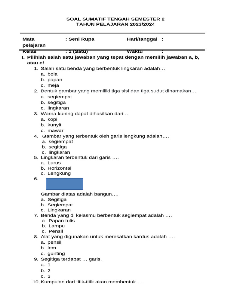 Soal Seni Rupa Kelas 1 Semester 2 | PDF