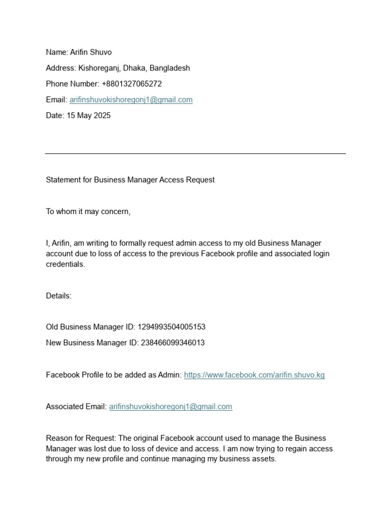Business Manager Access Request by Arifin | PDF