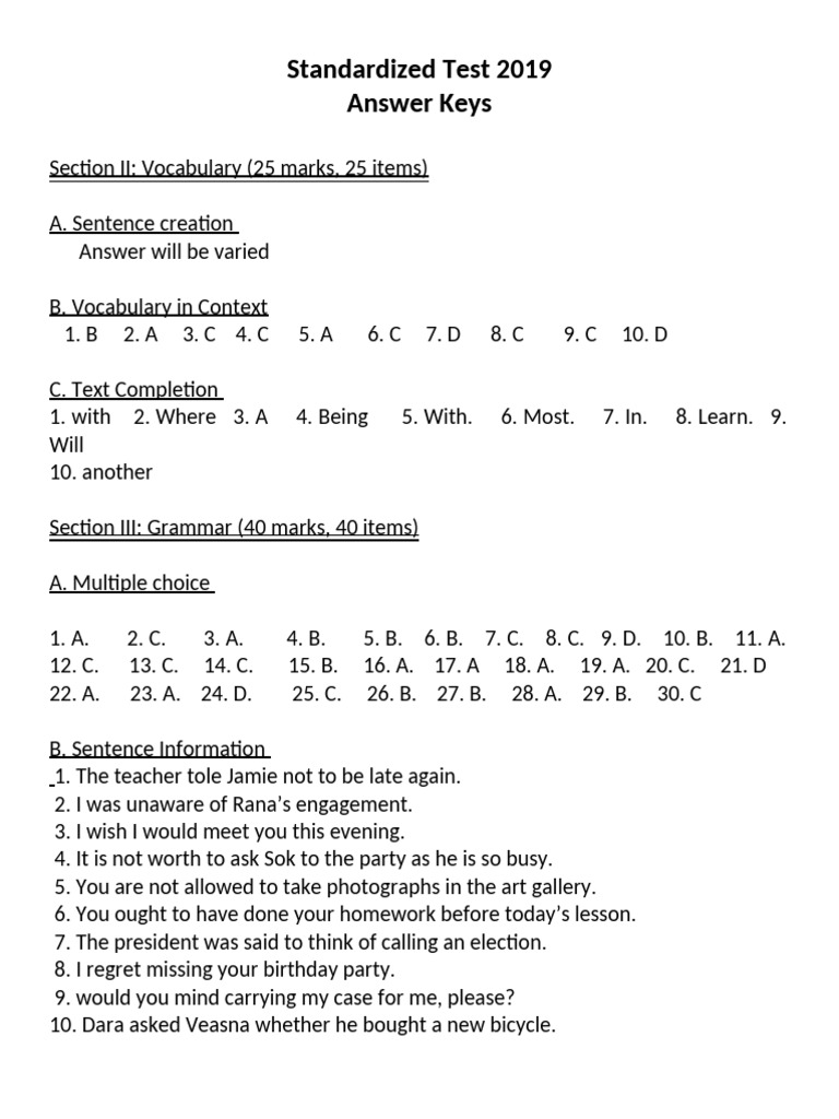 2019 Standardized Test Answer Keys | PDF