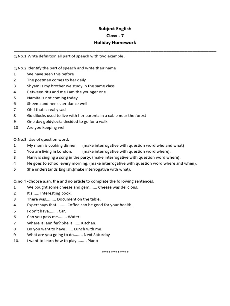 Class 7 English Holiday Homework Guide | PDF