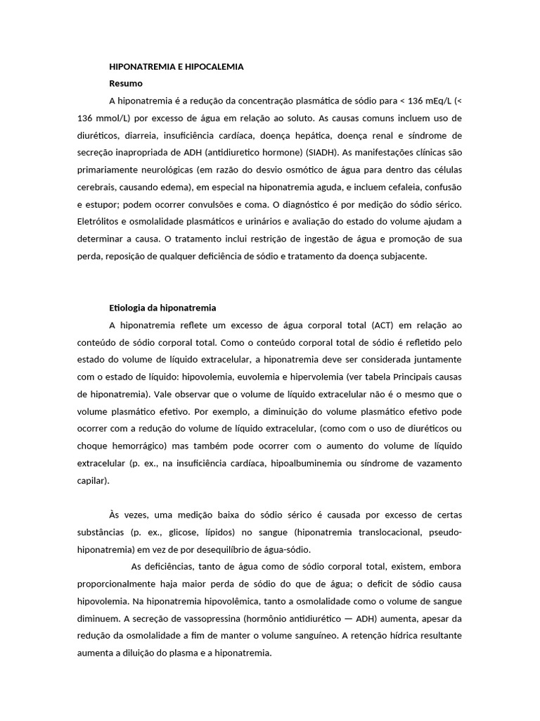 Hiponatremia e Hipocalemia: Causas e Tratamento | PDF | Medicina ...