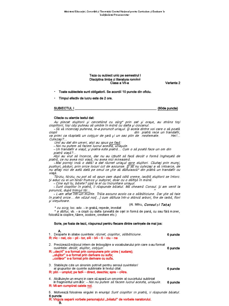 Subiect teza limba romana clasa 7 semestrul I 2008-2009 - www.meditatii