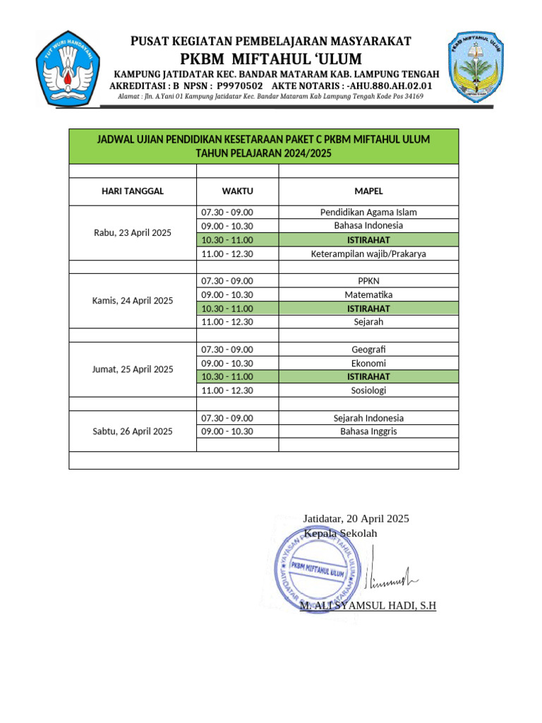 Jadwal Ujian Paket C dan B PKBM 2024/2025 | PDF