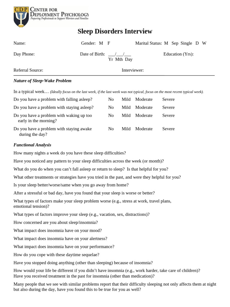 Sleep Disorders Assessment Questionnaire | PDF | Sleep | Insomnia