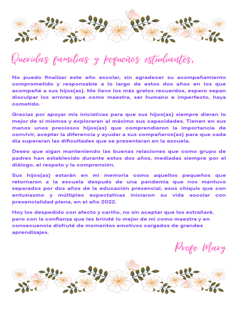 Carta de despedida de la maestra Mary | PDF