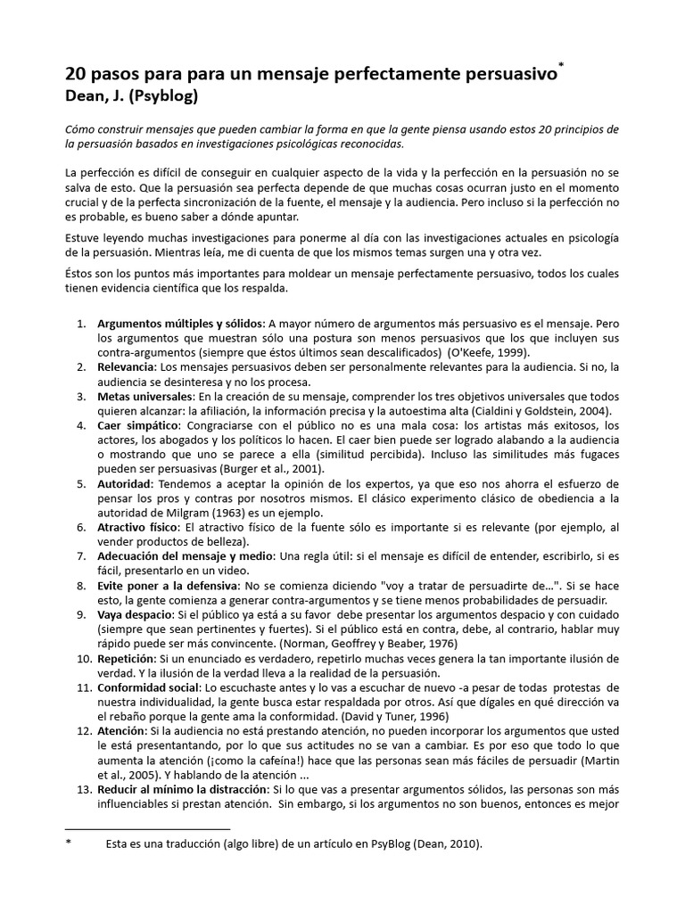 20 Pasos para Un Mensaje Perfectamente Persuasivo | PDF | Actitud ...