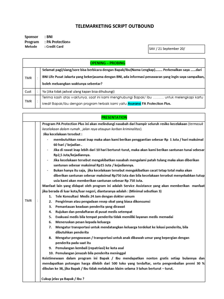 Skrip Telemarketing PA Protection Plus | PDF