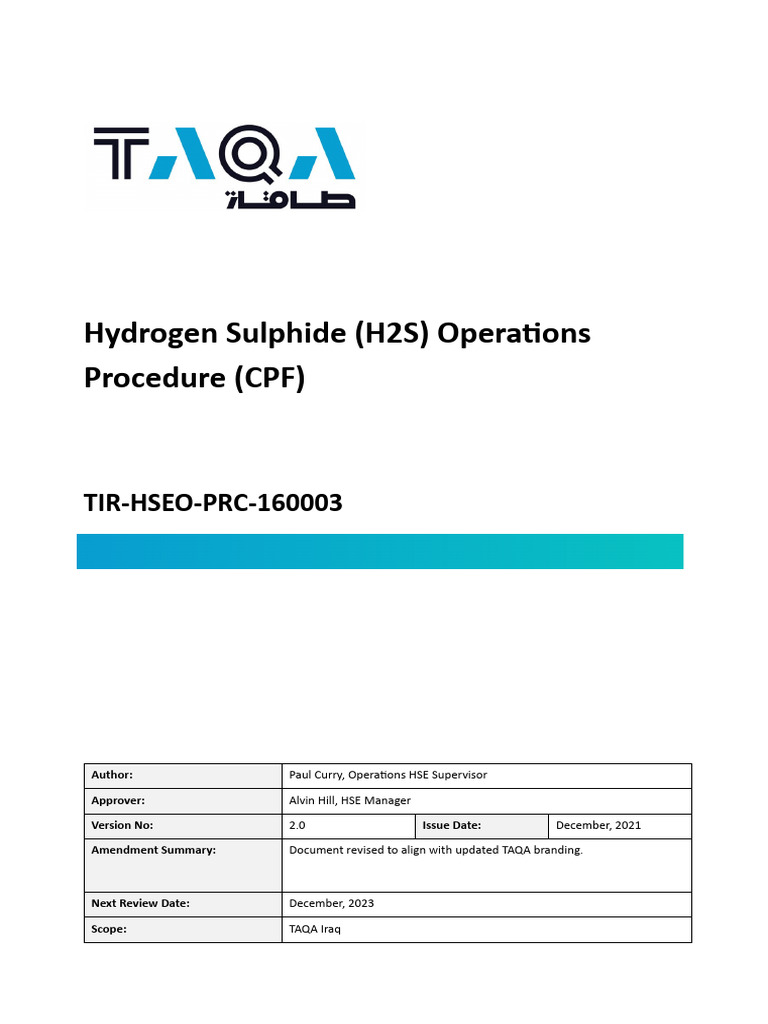 H2S Operations Procedure for TAQA Iraq | PDF | Safety | Occupational ...
