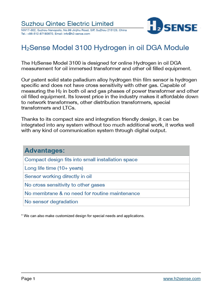 Hydrogen DGA Monitoring Solution | PDF | Sensor | Transformer