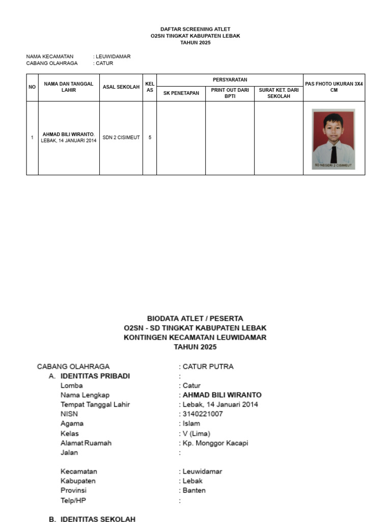 Screening Atlet O2SN Catur 2025 Lebak | PDF