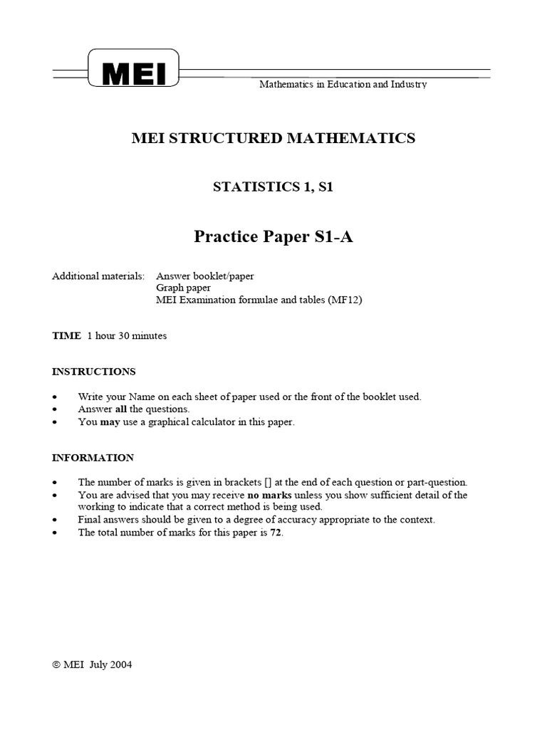 MEI Statistics Practice Paper S1-A | PDF | Statistical Analysis ...
