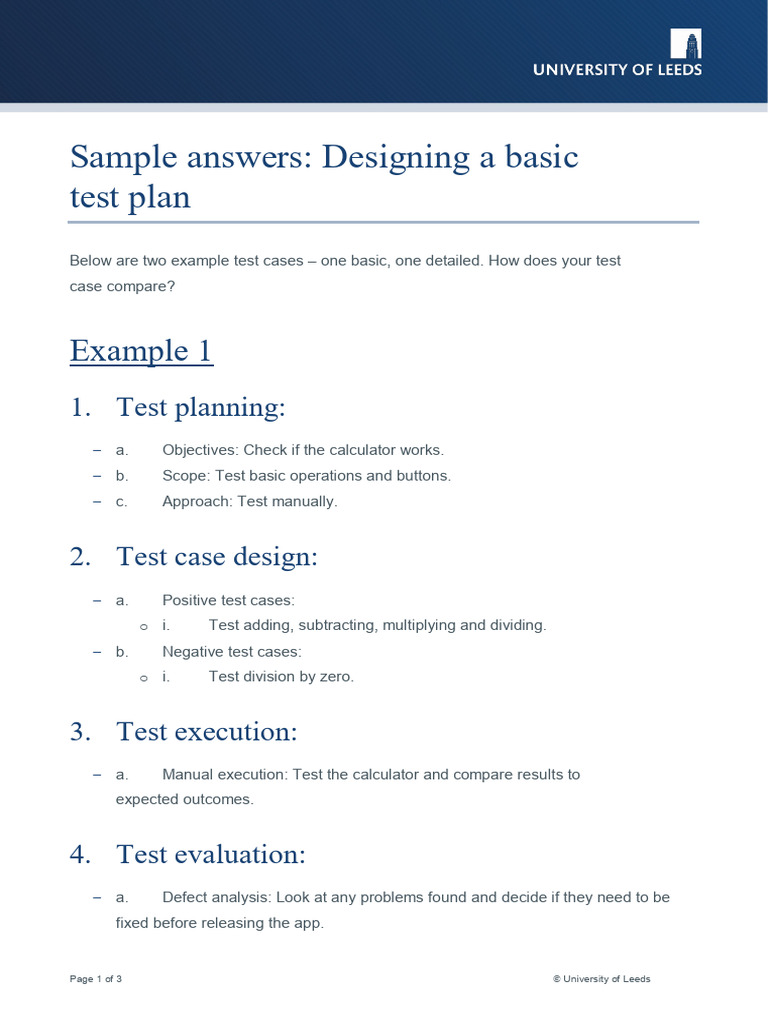 Sample Answers - Designing A Basic Test Plan | PDF | Software Testing ...