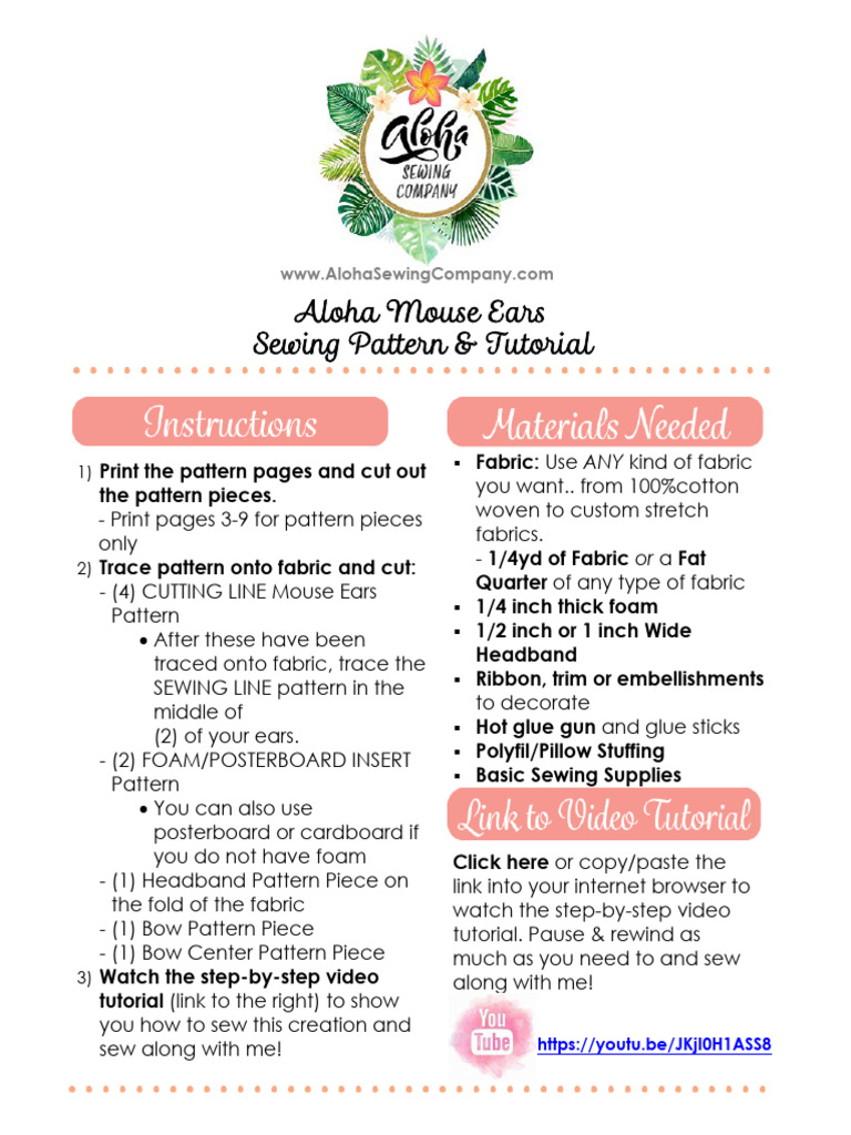 Aloha Mouse Ears Sewing Tutorial | PDF | Textile Arts | Clothing