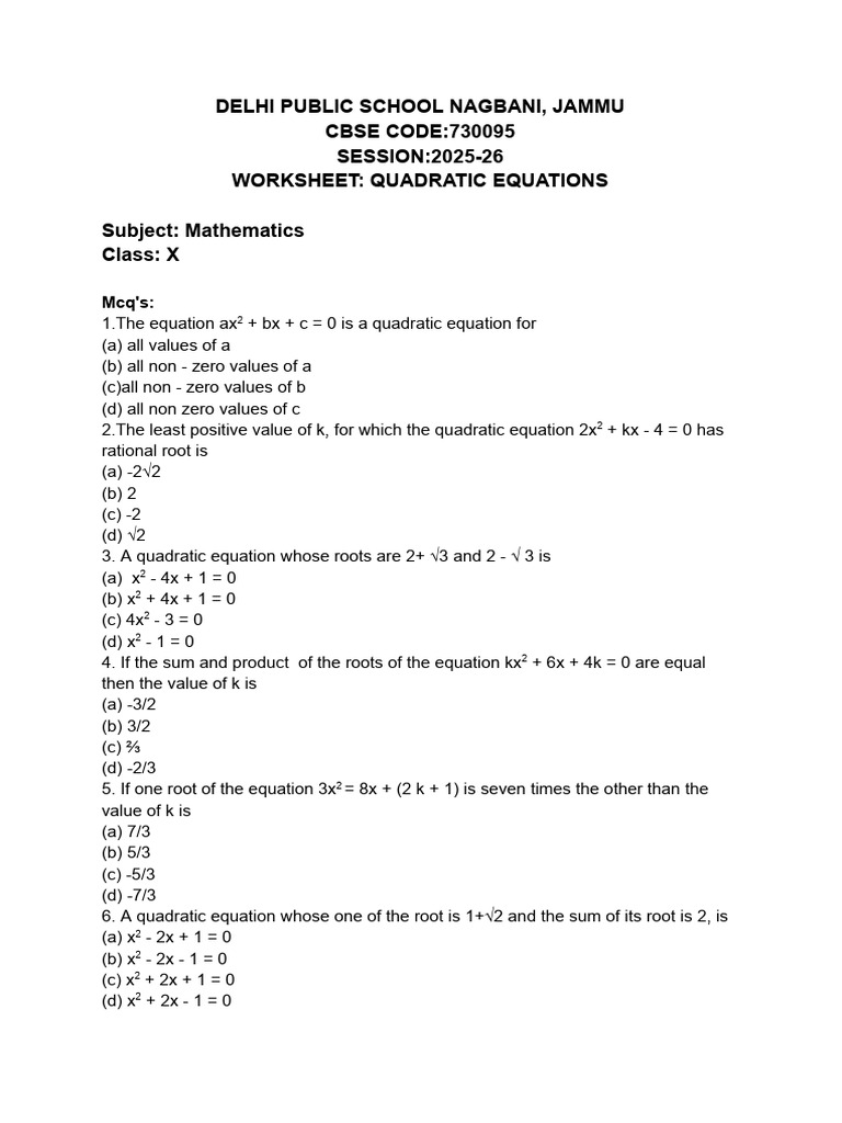 Class 10 Quadratic Equations Worksheet | PDF | Equations | Mathematical ...