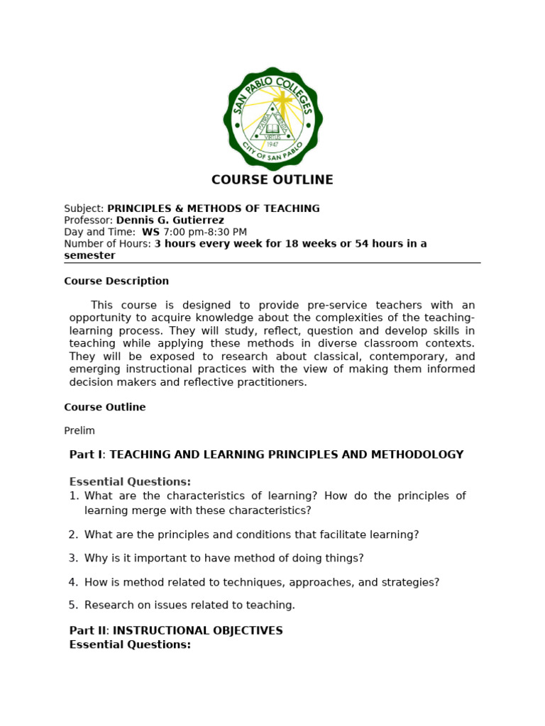 Principles & Methods of Teaching Course | PDF | Educational Assessment ...
