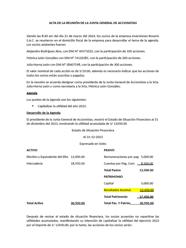 Acta de La Reunión de La Junta General de Accionistas | PDF