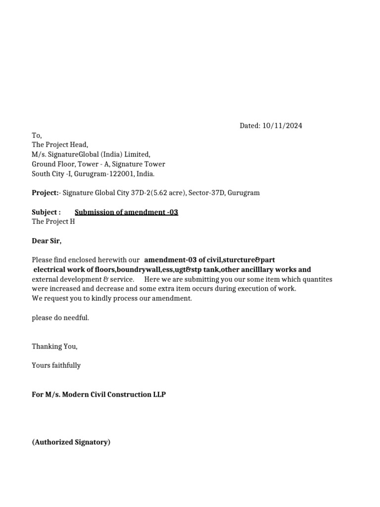 Amendment Submission for Signature Global Project | PDF
