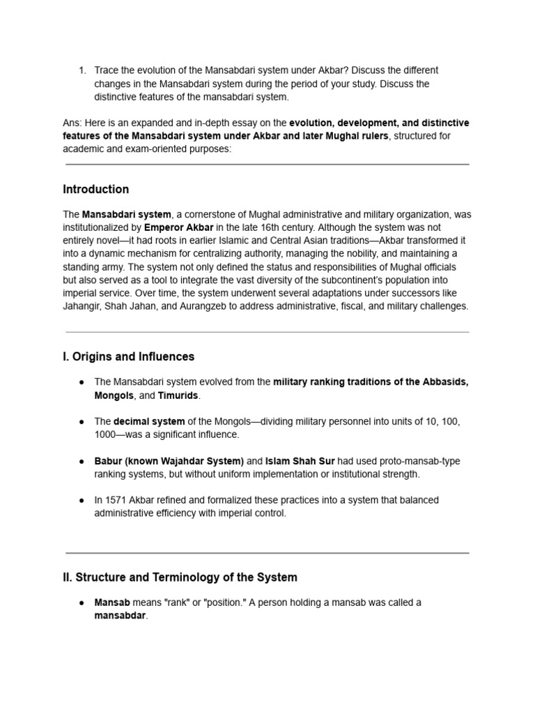 Mansabdari System Under Akbar | PDF