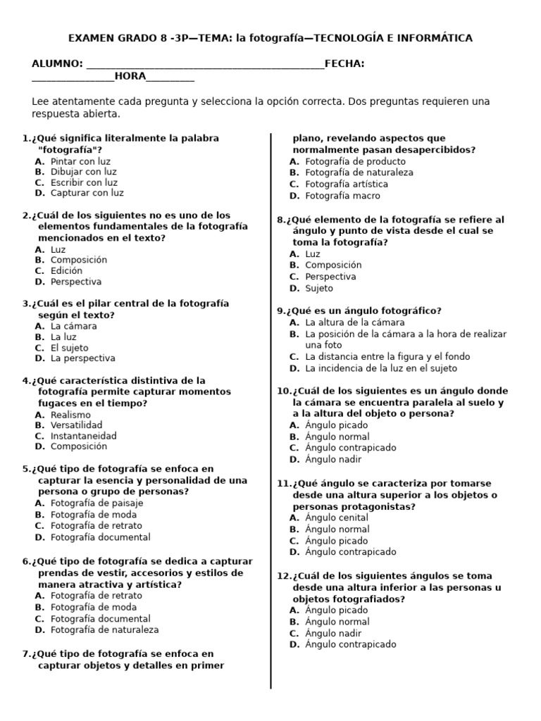 Examen de Fotografía para Grado 8 | PDF | Cámara | Perspectiva (Gráfica)