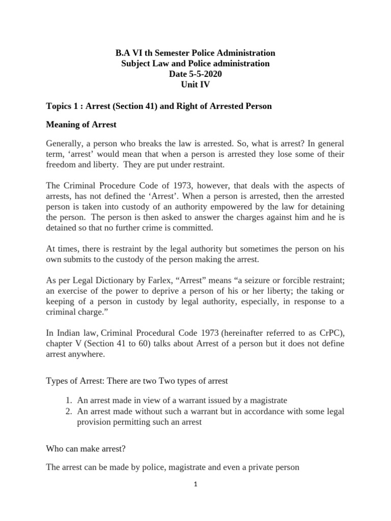 Unit IV Right of Arrested Person and Searh | PDF | Arrest | Bail