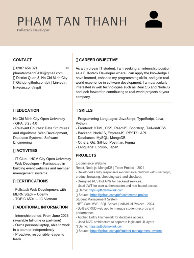 Full-stack Developer Internship CV | PDF | Web Development | Software