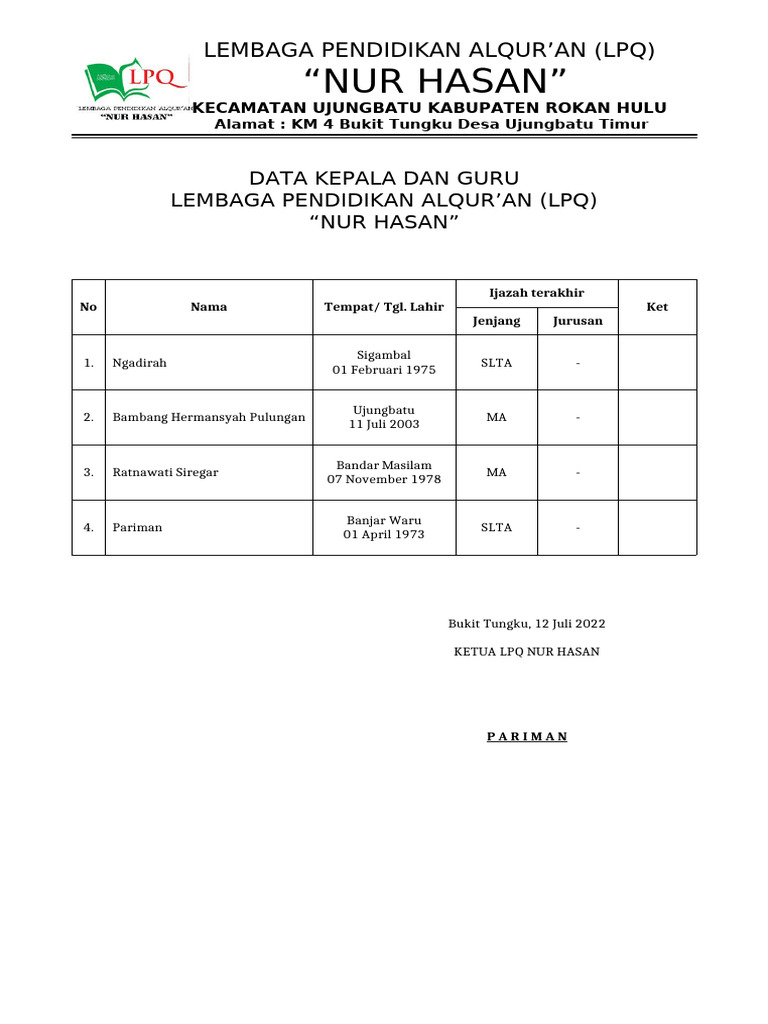 Data Guru LPQ Nur Hasan Ujungbatu | PDF