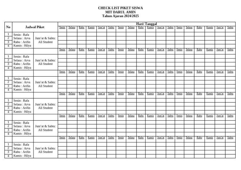 Jadwal Piket Siswa MIT Darul Amin 2024 | PDF