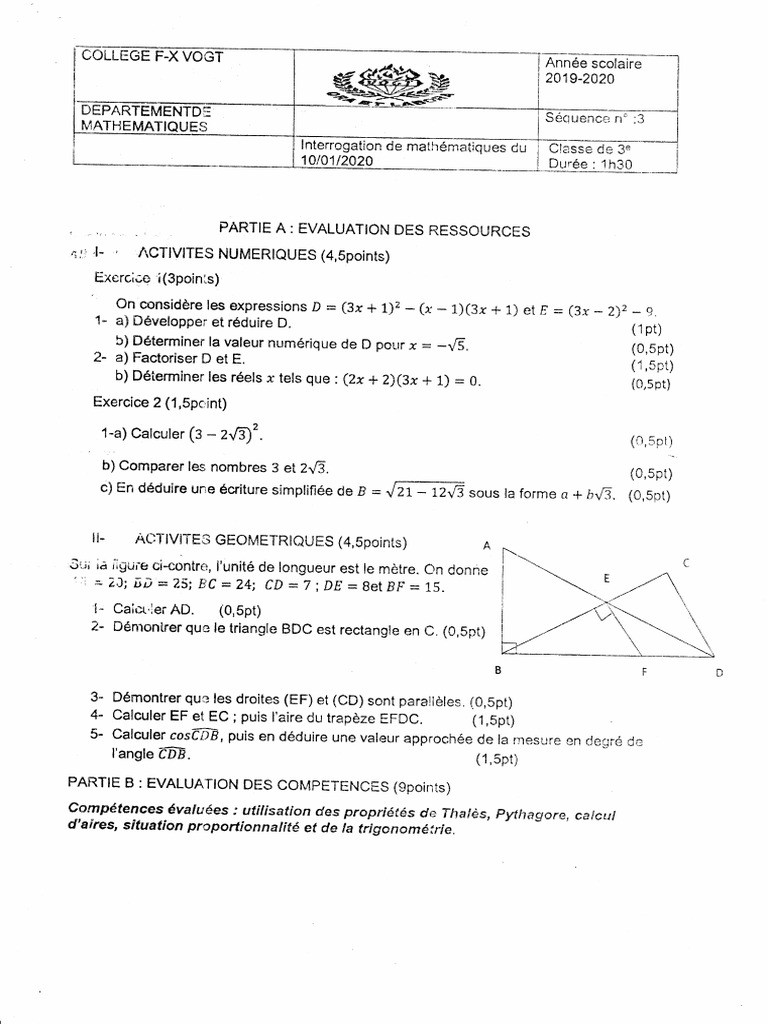 Maths - Collège Vogt - Classe de 3ème - 20192020 (2) Cameroun | PDF