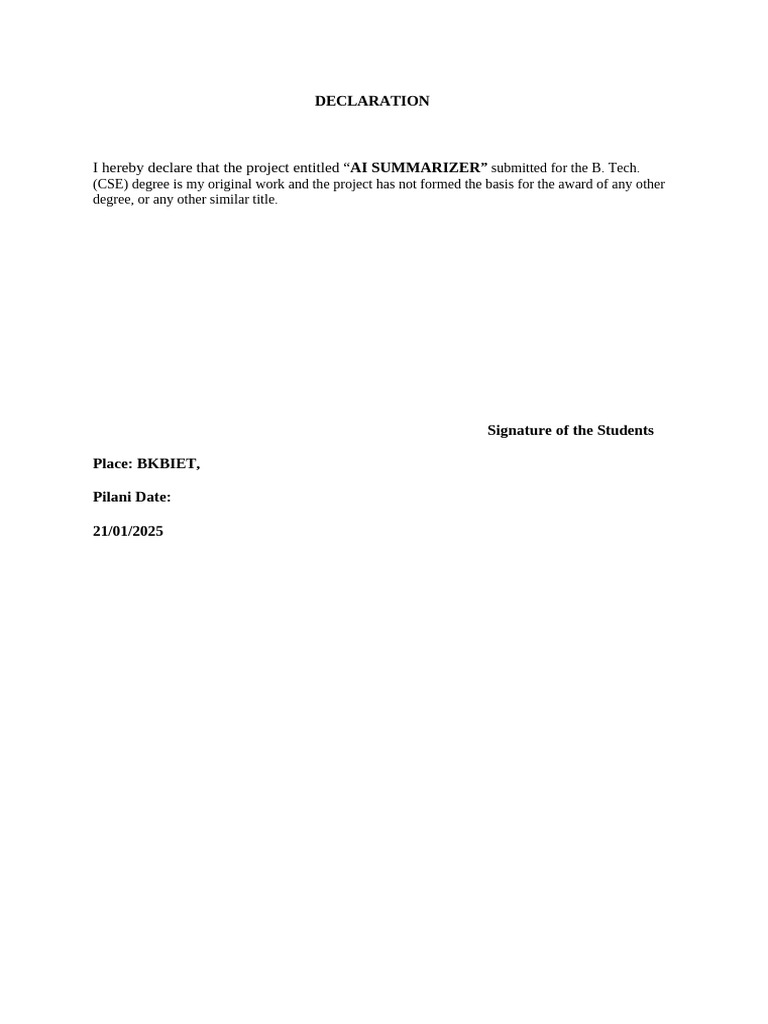 AI Summarizer Project Declaration | PDF