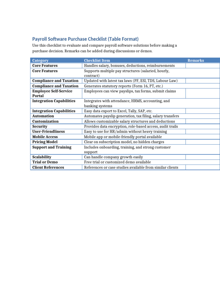 Payroll Software Evaluation Checklist | PDF
