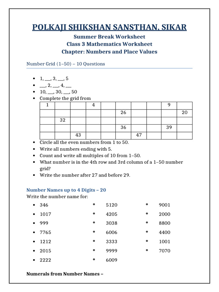 Class 3 Maths Worksheet Numbers and Place Values Final | PDF | Numbers ...