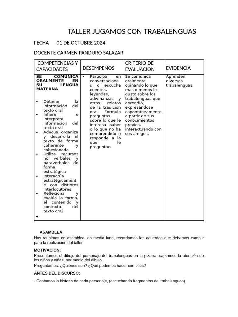 Taller Jugamos Con Trabalenguas | PDF | Cognición