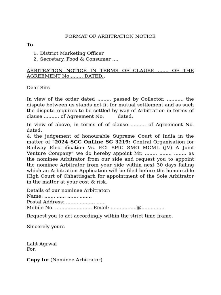 Arbitration Notice Format Template | PDF