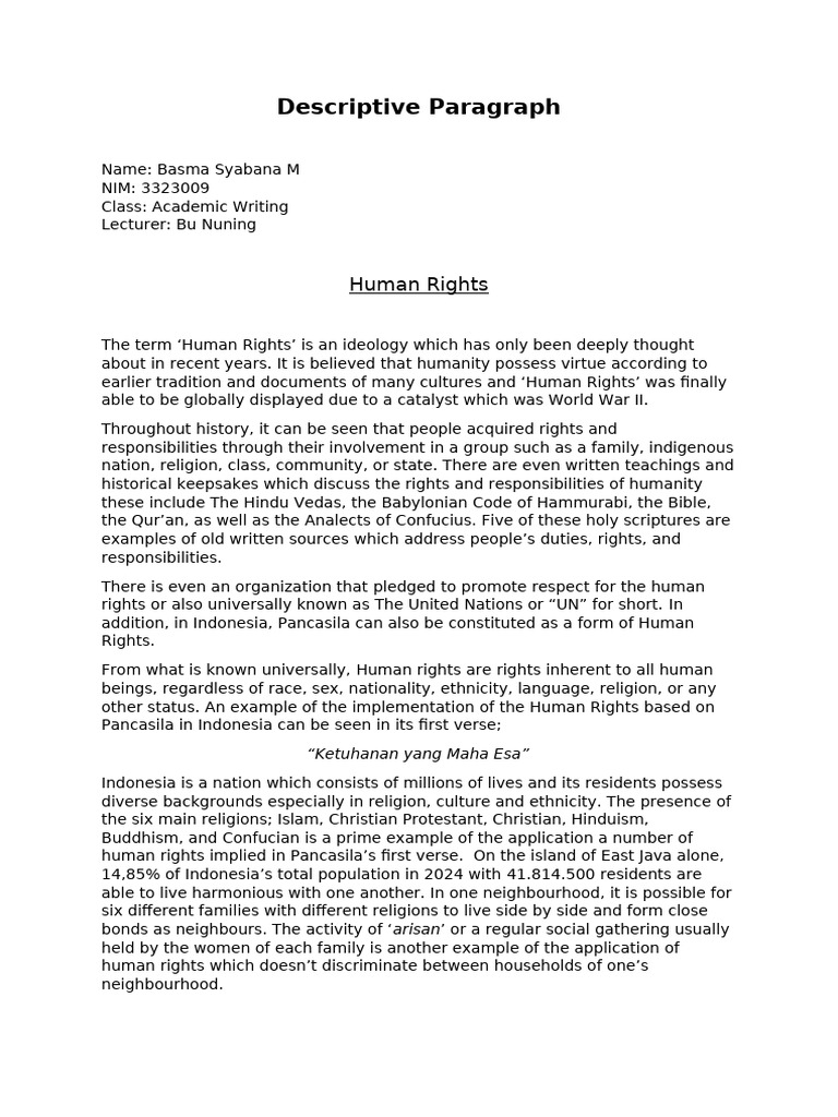 Descriptive Paragraph Human Rights 3323009 Basma Syabana M | PDF ...