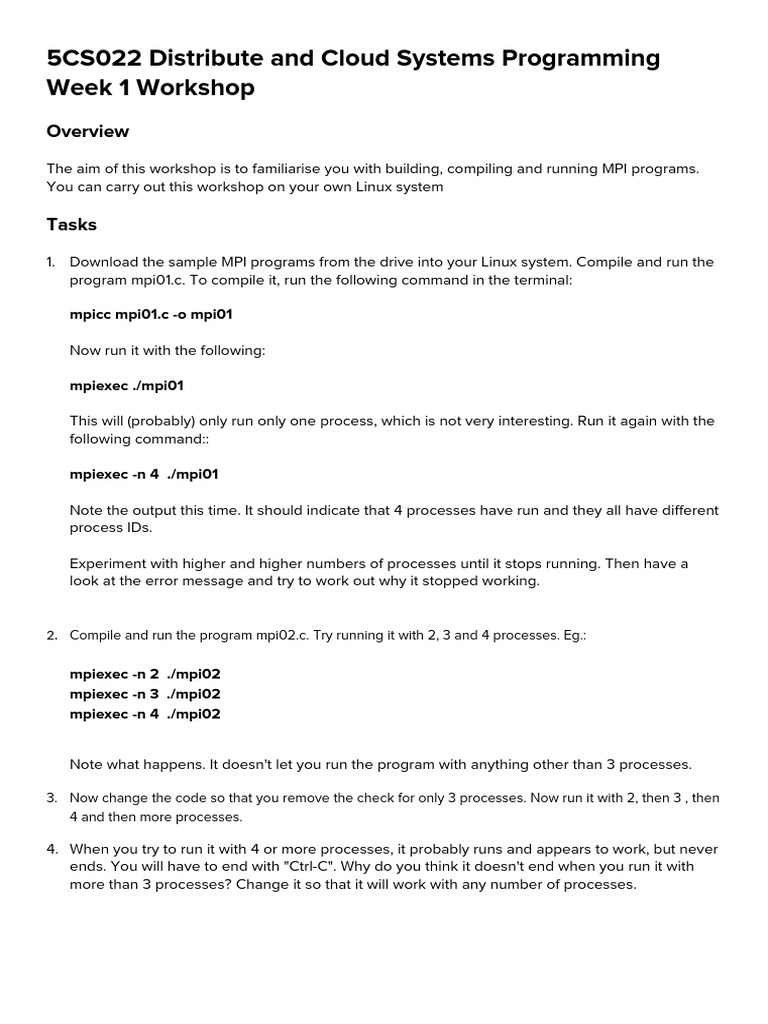 5CS022 Week 1 MPI Workshop | PDF