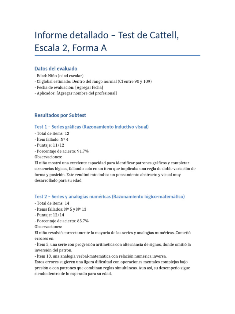 Informe de Resultados Test Cattell Niño | PDF | Cociente de ...