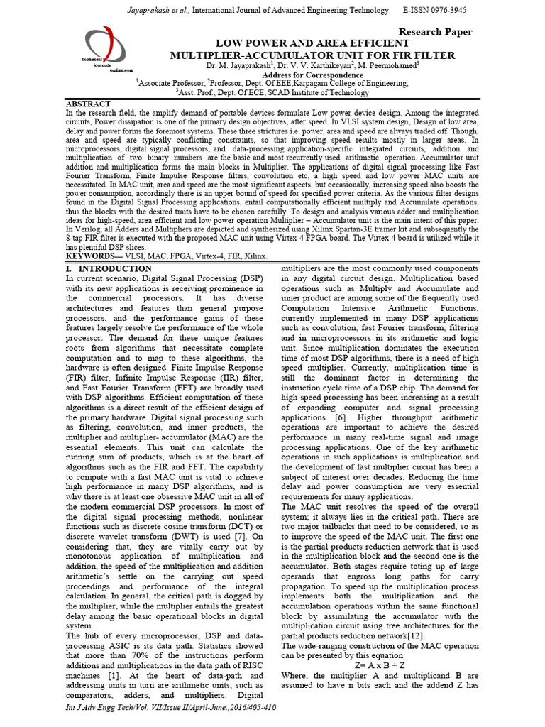 Low Power MAC Unit for FIR Filters | PDF | Digital Signal Processing ...