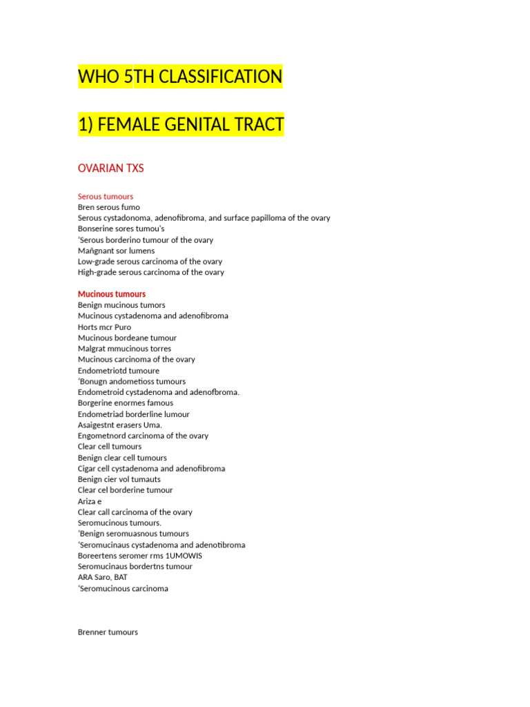 WHO 5TH E TX CLASSIFICATION (Word Final) | PDF | Ovarian Cancer | Adenoma