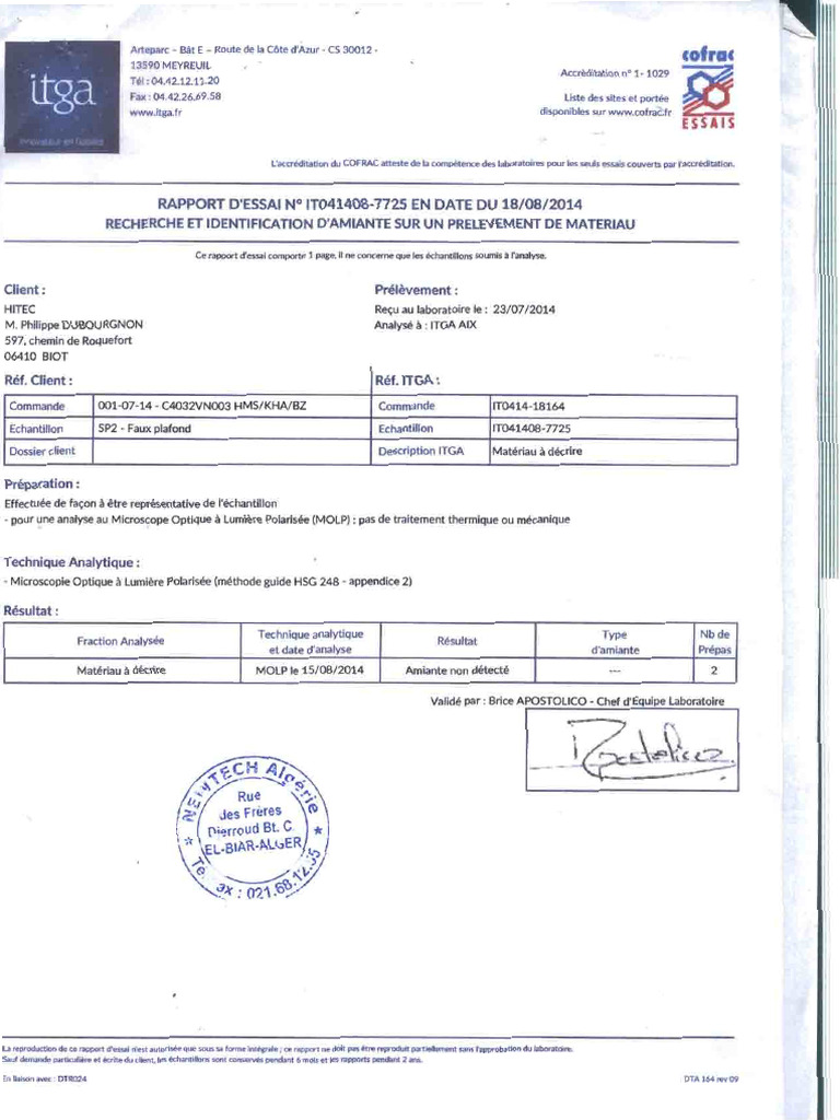 Analyse Amiante Faux Plafond SP2 PDF — free download