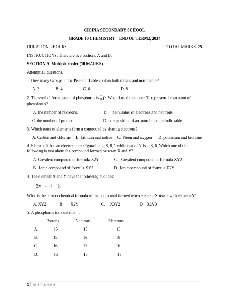 Grade 10 Chemistry Exam Paper 2024 | PDF | Chemical Elements | Chemical ...