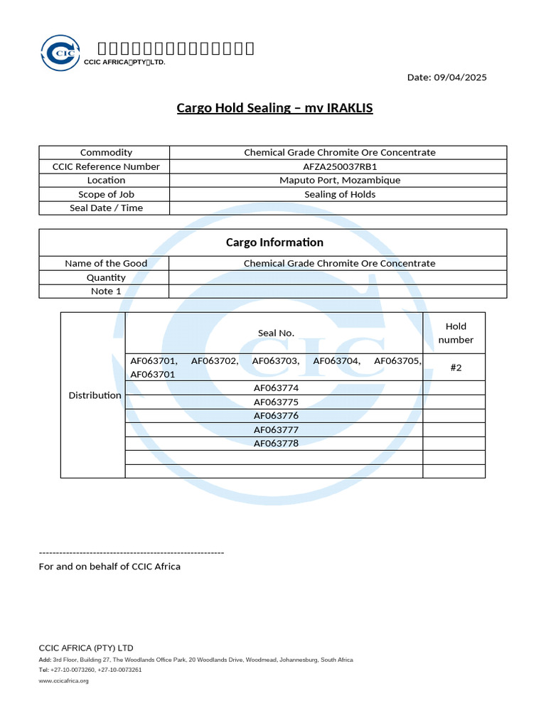 Afza250037rb1 - MV Iraklis - Cargo Hold Sealing Report | PDF | Minerals ...
