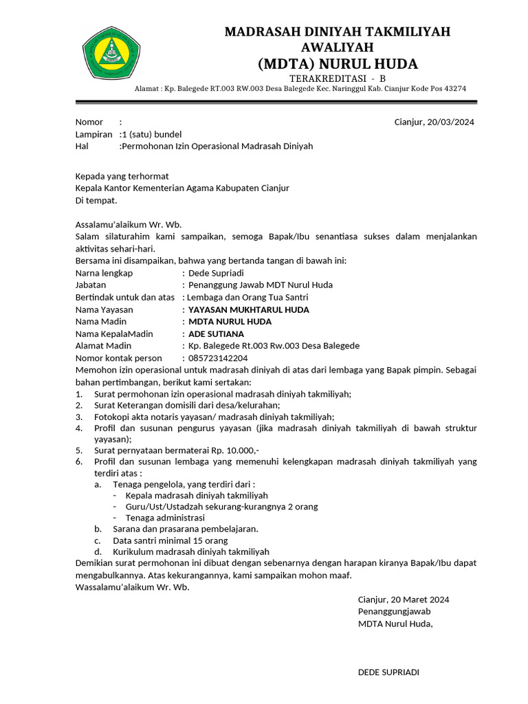 Permohonan Izin Operasional MDTA | PDF