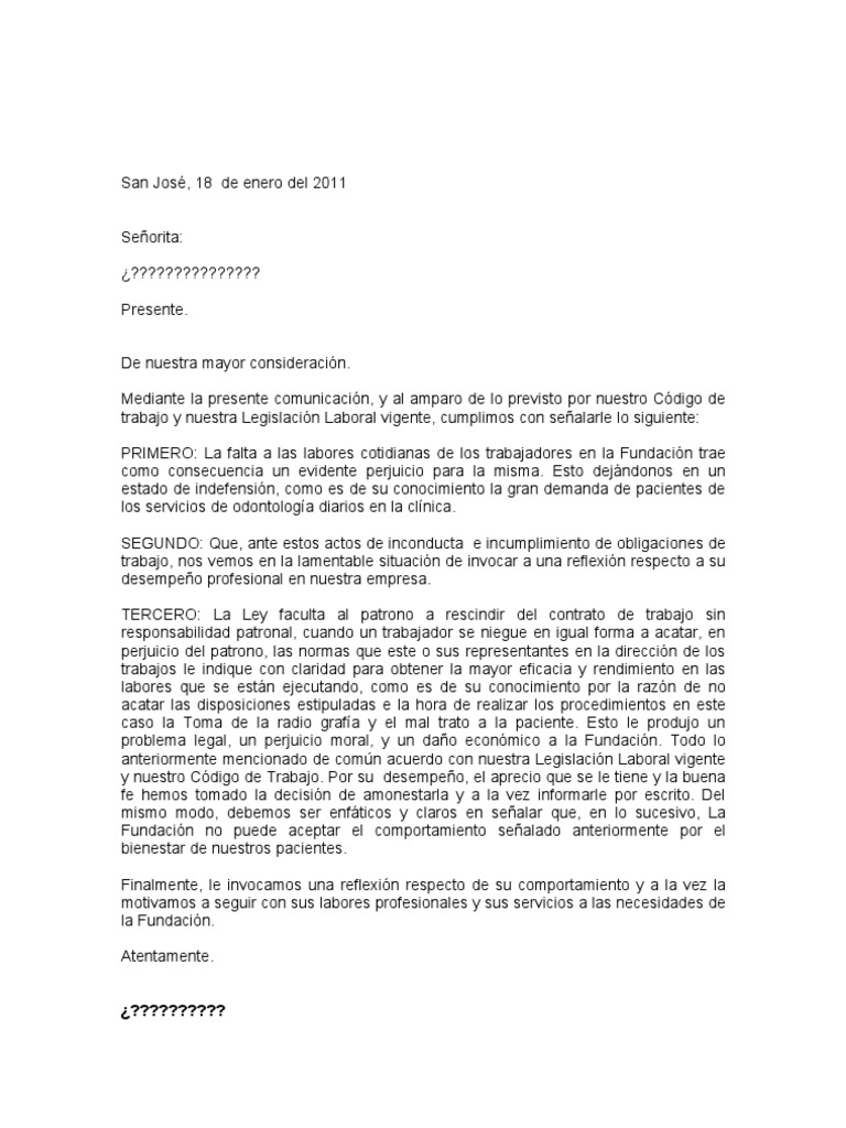 Carta De Amonestacion Laboral