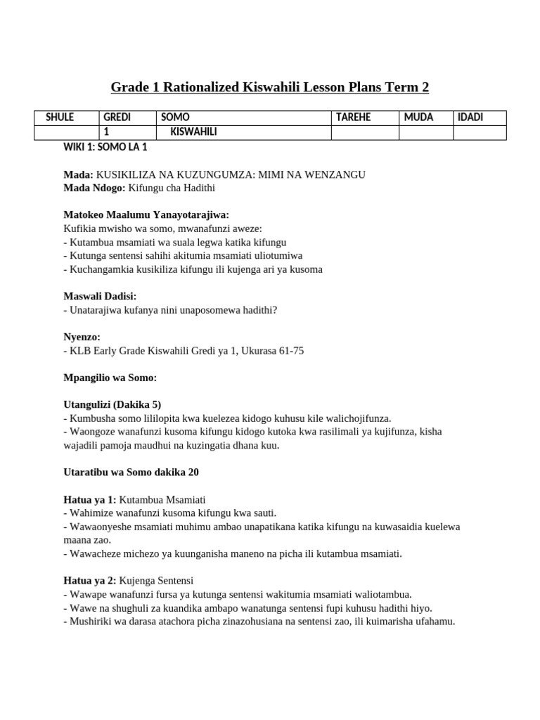 Grade 1 Rationalized Kiswahili Lesson Plans Term 2 - KLB Early Grade | PDF