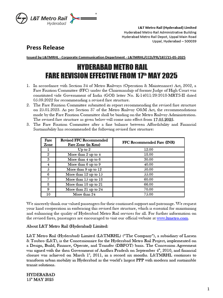 Hyderabad Metro Fare Structure 2025 | PDF | Rapid Transit | Sustainable ...