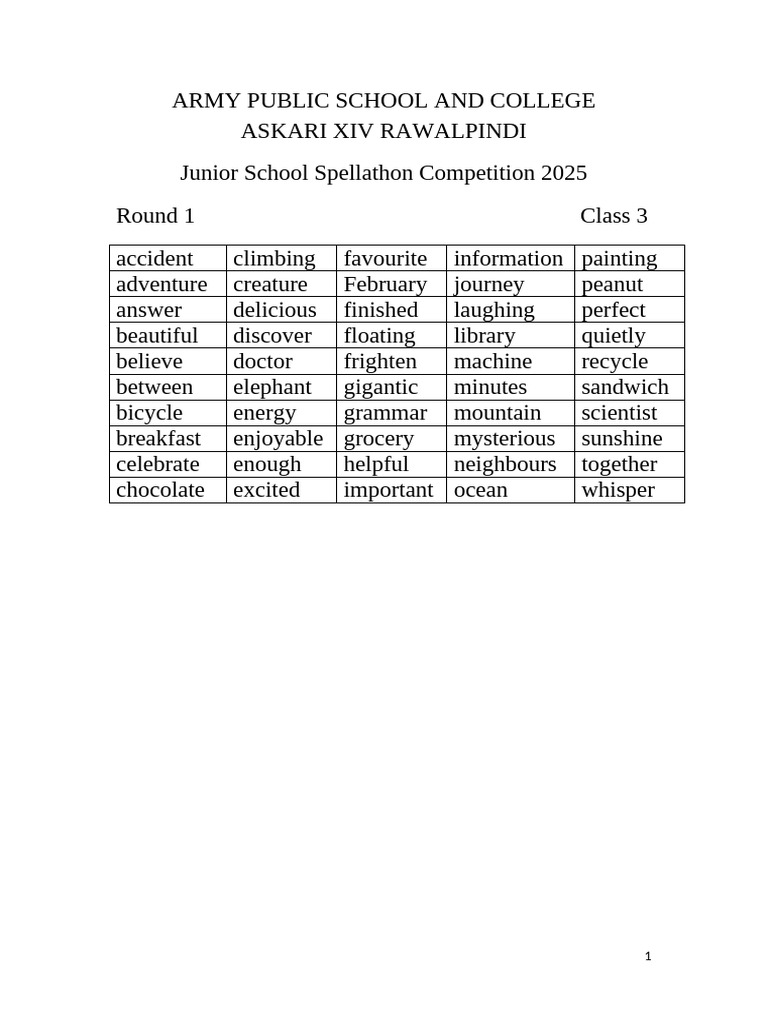 Junior School Spellathon 2025 | PDF