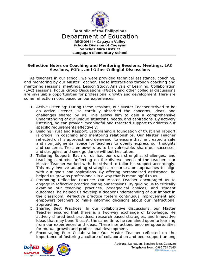 Reflection Notes on Teacher Mentoring | PDF | Mentorship | Reflective ...