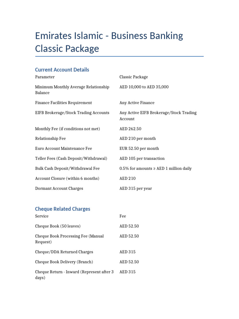 Emirates Islamic Business Banking Charges | PDF
