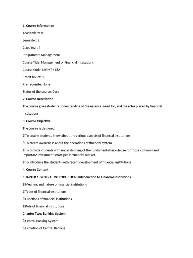 Management of Financial Institutions Course | PDF | Banks | Central Banks