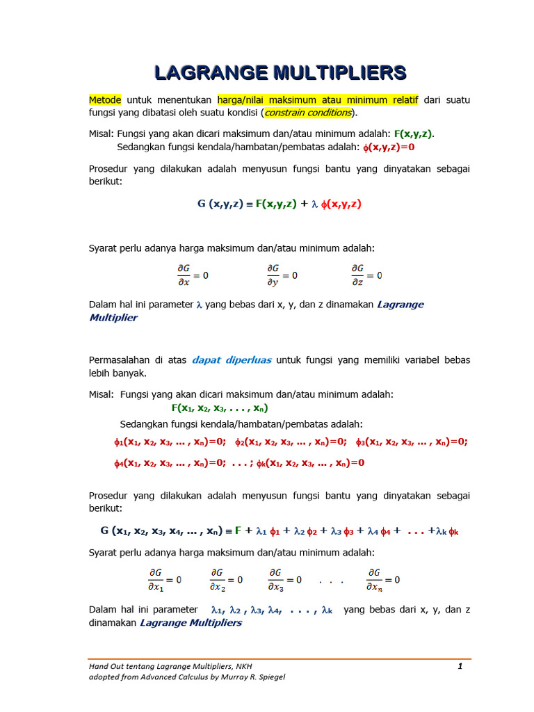 Metode Lagrange Multipliers dalam Kalkulus | PDF